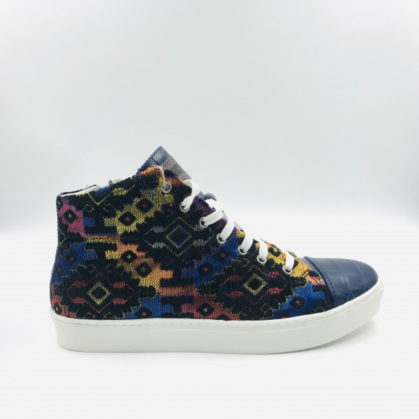 Handmade shoes Multi color Hypno Gobelin with Blue coco leather